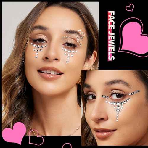 YGDZ Face Gems 5 Sheets Hair Gems, Self Adhesive Face Jewels Stickers, Heart Festival Face Gems Stick on, Rhinestone stickers for Face, Eye, Makeup, Rave Accessories for Kids, Women