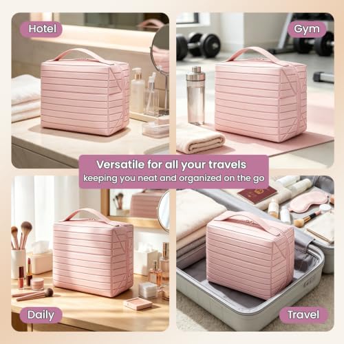 Large Waterproof Makeup Bag - Foldable Travel Toiletry Organizer (Pink)