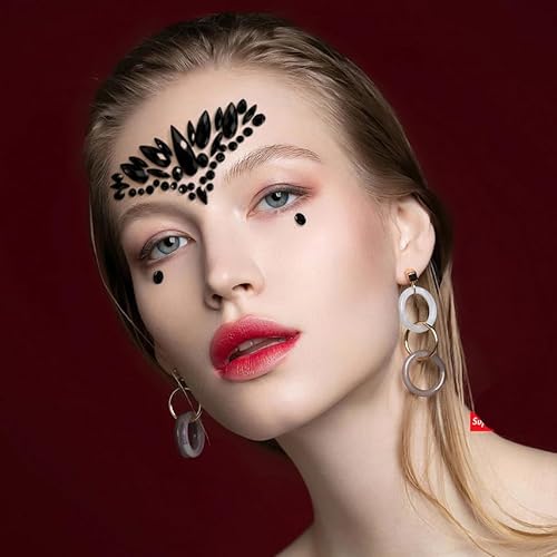 6 Sheets Black Face Gems, Self-Adhesive Rhinestone Face Jewels for Festivals, Halloween, and Costume Parties, Large