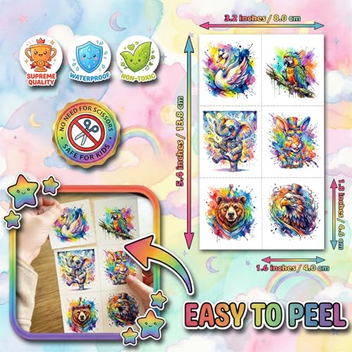 180 Pc Watercolor Animal Temporary Tattoos for Kids