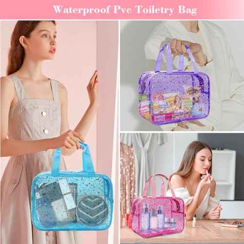 Clear Red Star Large Makeup Bag with Star Pattern 12x5x8 inch, Travel Cosmetic Bag with Handle, Durable PVC Material Washbag Zipper Opening Design for Makeup Travel Organizer or Gym Use