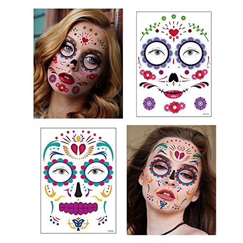 Day of the Dead Temporary Tattoos - 10 Pack Sugar Skull Face Stickers