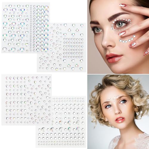 Rhinestone Face Gems Stickers, 4 Sheets Self-Adhesive Face Jewels Diamonds Rhinestones for Makeup Stickers, Body Face Eye Nail Makeup Stickers Temporary Tattoos for Women and Girls
