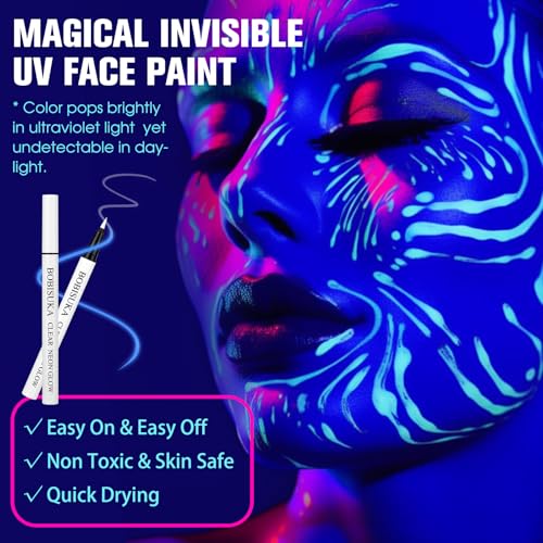 BOBISUKA Clear UV Neon Glow Eyeliner Pen, Invisible Ink White Eye Liner Pen, Waterproof Smudge-proof Graphic Liners, Eye Makeup Kit for Rave Accessories Party