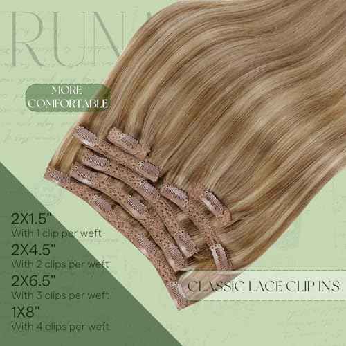 RUNATURE Clip in Hair Extensions Real Human Hair Clip in Extensions 18 Inch 120g 7pcs Real Hair Extensions Clips Ins for Women Double Weft Easy to Apply #10P16 Dark Blonde Highlight Caramel Blonde