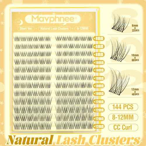 Short Lash Clusters Natural Cluster Eyelash Extensions 8-10-12MM Clear Band Cluster Lashes Extensions Wispy Individual Lashes CC-Curly Eyelash Clusters Pesta?as Postizas Naturales 144Pcs DIY Lashes