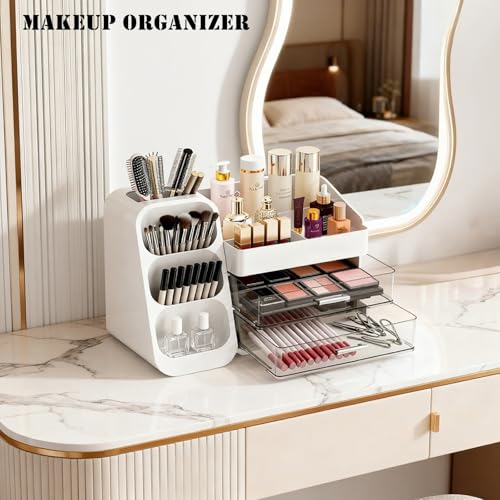 Makeup Organizer with Brush Holder for Vanity, Spacious Cosmetic Display Case with 2 Drawers, The Perfect Bathroom Vanity Organizer for Beauty Essentials, Skincare, Lipsticks