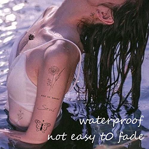 Realistic Temporary Tattoos for Women - 60 Sheets Tiny Small Removable Adult Fake Tattoos,185 Pcs Minimalist Waterproof Inspirational Quotes Words Wild Flower Floral Bouquet Adults Tattoo Stickers
