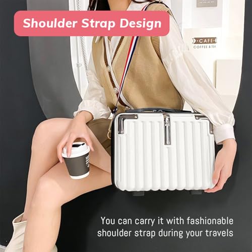 15 Inch Portable Hard Shell Makeup Case, Mini Cosmetic Travel Luggage Case with Shoulder Strap, Small Travel Suitcase Train Case with Toiletry Bag, ABS Material, White
