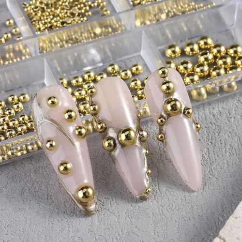 3D Mixed Sizes Flat Back Steel Beads Nail Charms, Gold Half Round Metal Caviar Beads Ball Nail Art Studs Rivets Jewelry for Home DIY and Professional Nail Art Salon Crafts Decorations