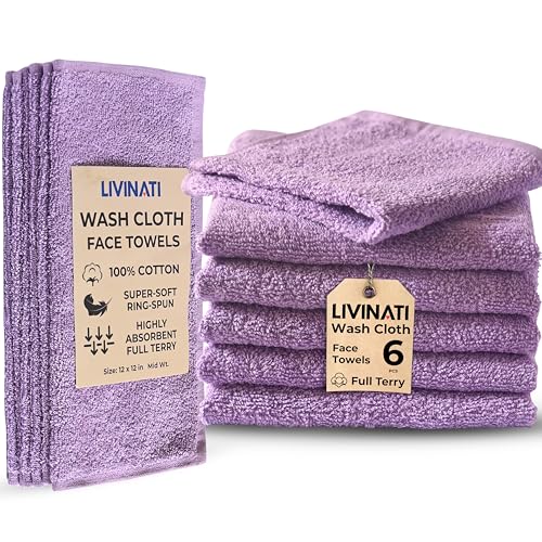 Lavender Cotton Washcloths 12x12" 6-Pack Soft Absorbent