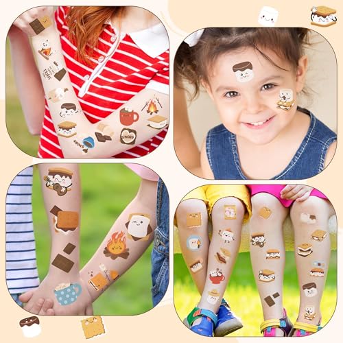 Cute Smores Temporary Tattoos - 144P Marshmallow Temporary Tattoo Stickers for Kids Adults, Valentine's Day Exchange Gifts Cotton Candy Themed Waterproof Decals Party Decorations School Prizes