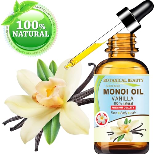 Botanical Beauty MONOI OIL VANILLA - Tiare flowers in Coconut Oil and Vanilla Bean Oil 100% Natural 2 Fl.oz - 60 ml Pure for FACE, SKIN, BODY, HAIR, NAILS