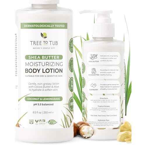 Tree to Tub Cocoa Butter Lotion for Sensitive Skin - Moisturizing Shea Butter Lotion for Extremely Dry Skin for Women & Men - Lemongrass & Coconut Body Cream w/Organic Aloe Vera, Colloidal Oatmeal