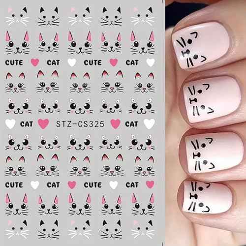 4 Sheets Cute Pink Cat Nail Art Stickers Set - 3D Cartoon Kitten Graffiti Nail Decals for DIY Manicure, Self-Adhesive Nail Decal Nail Art Supplies Manicure Sliders, Perfect for Girls' Nail Care