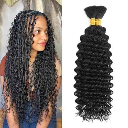 Human Braiding Hair for Boho Braids 12A Deep Water Wave Bulk Human Hair for Braiding No Weft Wet and Wavy Curly Human Hair Extensions (1B-Natural Black-Deep, 110g-26 Inch)
