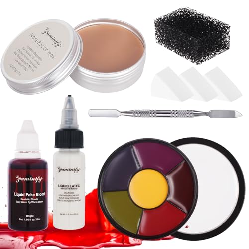 Halloween SFX Makeup Kit,6 Colors Bruise Wheel+30ml Dripping Washable Fake Blood+Liquid Latex+Scar Wax with Spatula+3 Pcs Sponge+Stipple Sponge,Face Fake Injury Special Effects Makeup Kit