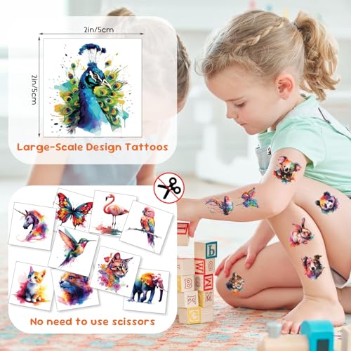 102 PCS Individually Wrapped Watercolor Animals Temporary Tattoo - Animals Temporary for Girls Boys Body Arm Shoulder Tattoos Stickers, Rewards Prizes & Party Supplies Gifts