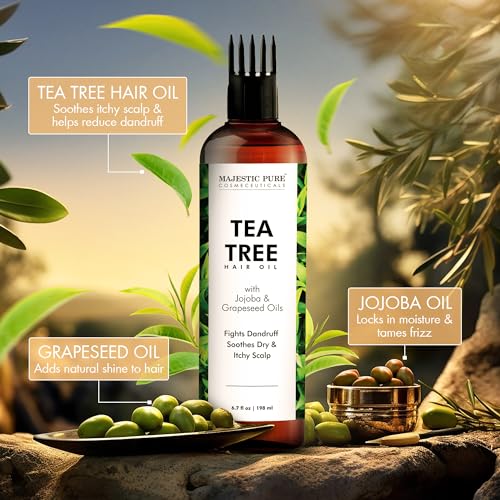 MAJESTIC PURE Tea Tree Oil for Hair | With Argan, Jojoba & Grapeseed Oils | Soothes Itchy Scalp & Fights Dandruff | Non GMO Verified | 6.7 fl oz