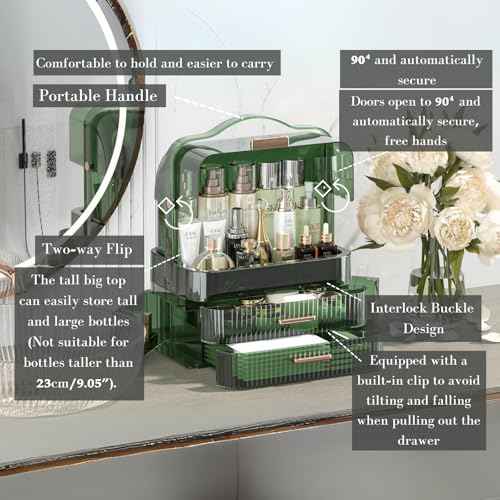 LINFIDITE Cosmetics Storage Box Transparent Lid Large Makeup Organizer Box Drawers Portable Handle Waterproof Dustproof Skincare Display Cases for Countertop, Bathroom, Dresser,Gift Clear Green