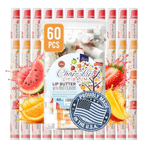 CHAP-LIP Original Lip Balm Hydrating Bulk Chap Stick with Fruit Flavors, Coconut Oil, and Cocoa Butter - Christmas Gift Stocking Stuffers Lip Therapy Pack for Men and Women - Made in the USA, 60 Pack