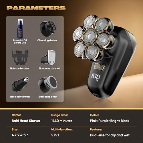 Electric Shaver for Women, Electric Razor with 7D Magnetic Shaver Heads, Wet Dry Waterproof Bald Head Trimmer Kit for Women & Men, Nose Ear Hair Trimmer, USB Rechargeable Clippers, Purple