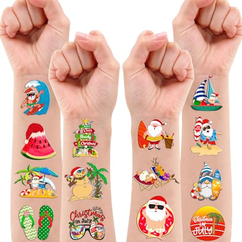 103 PCS Christmas Santa Summer Fun Temporary Tattoos Theme Birthday Party Supplies Favors Decor Decorations Beach Hawaii Hawaiian Xmas Aloha Tattoo Stickers Gifts For Kids Boys Girls School Prizes