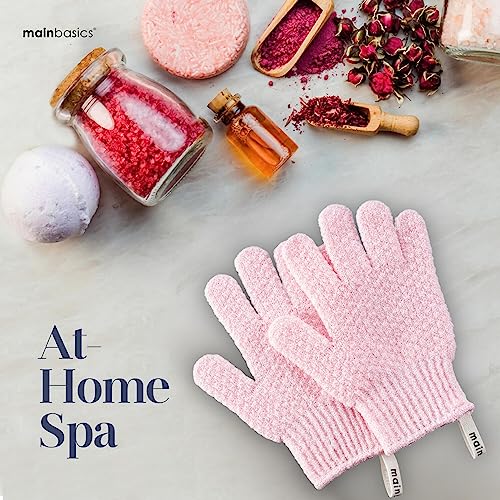 MainBasics Deep Exfoliating Bath Gloves - Heavy-Textured Body Scrub (Pink)