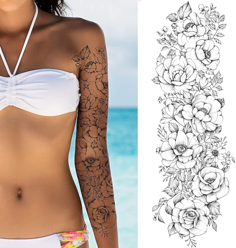 Temporary Tattoo Sleeve - 2 Pack Rose Flower Full Arm Stickers