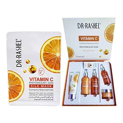 Dr Rashel Vitamin C Skin Care Series , Contains Hyaluronic Acid, Anti Aging and Collagen Essence ( Pack Of 5 Piece Set ) + 1 Pcs of Vitamin C Silk Mask
