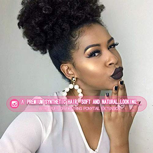 rosmile Afro Puff Clip On Synthetic Ponytail Extension for Black Women, 80gram 1B# Short Kinky Bun for Natural Hair