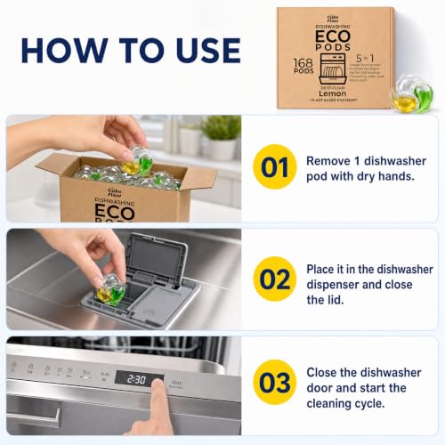 CUBEFLOW ECO Dishwasher Pods 168 Count - 0.47 fl oz each, with Glycerin & Protease/Amylase Enzymes