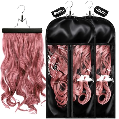 FAMOVELL 2 Pack Silk Satin Wig Storage Bags with Wooden Hangers