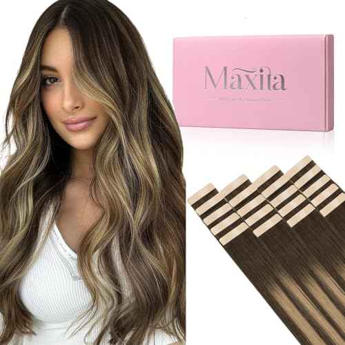 MAXITA Tape in Hair Extensions Human Hair, Balayage Chocolate Brown to Caramel Blonde, 22inch 50g 20pcs, Remy Silky Real Human Hair Extensions Thick Ends Straight Seamless Tape in Hair Extensions