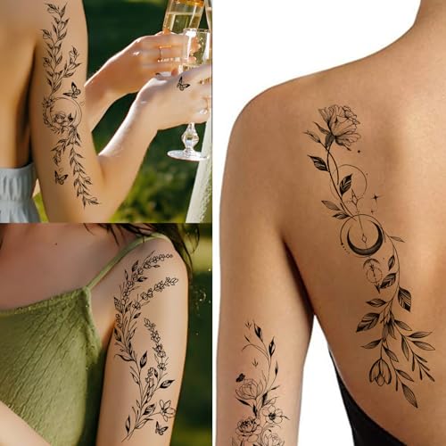 24 Black Flower Temporary Tattoos for Women - Waterproof
