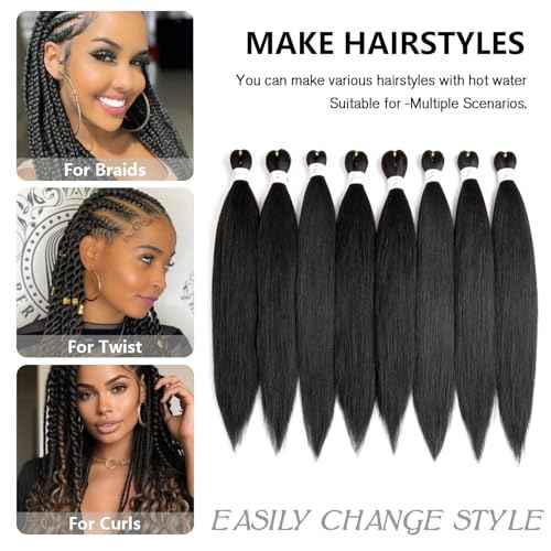 Pre Stretched Braiding Hair 20 Inch 8 Packs Long Black Braiding Hair Pre Stretched Professional Prestretched Braiding Hair Extensions Synthetic Crochet Twist Braids (1B, 20 Inch (pack of 8))