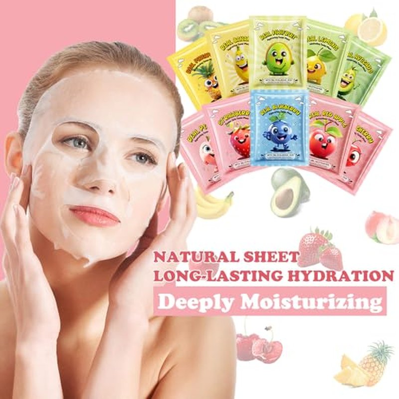 10 Pack Fruit Face Mask,Facial Mask for Kids Skin Care Moisturize,Brighten Soothe Spa Party Face Mask Set for Women Men Girls Nourish for All Skin Types Christmas Gifts
