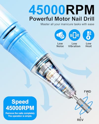 MOSKANY Professional Cordless Nail Drill Kit 45000RPM with UV Lamp & LCD