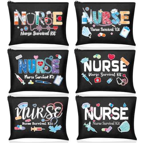 Photect 6 Pieces Nurse Makeup Bags Nurse Canvas Cosmetic Bag Survival Kit Travel Pouch Bag Gift for Women Girls Nurses School Practitioner Supplies(Black)