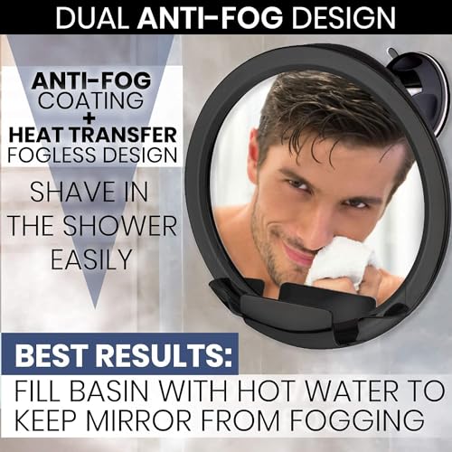 MIRRORVANA Dual Antifog Shower Mirror for Shaving - Shatterproof Mirror with Razor Holder, Upgraded Suction, 360¡Æ Swivel (8" Round, Black)