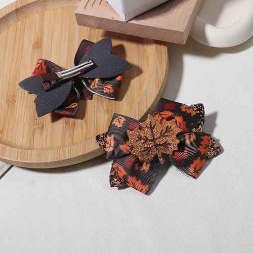 2Pcs Fall Thanksgiving Hair Bow Clips Glitter Maple leaf Hair Bows Alligator Barrettes Autumn Grosgrain Ribbon Hair Accessories Cute Hairpin for Thin Thick Hair Thanksgiving Hair Decoration for Girls