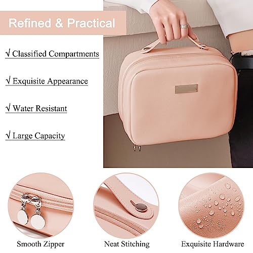 Travel Makeup Bag Large Capacity Transparent Double Sided Cosmetic Bags with Makeup Brush Compartment- PU Waterproof Leather Makeup Toiletry Organizer Bag for Women,Pink