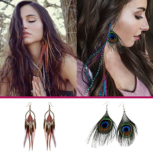 Hair Feathers Extensions Kit 50 Strands 16 Inches Colored Synthetic Polyester Fiber Wig Straight & Rooster & Peacock Feather Earrings with Simple Tools for Women Girls Christmas Party Hair Accessories