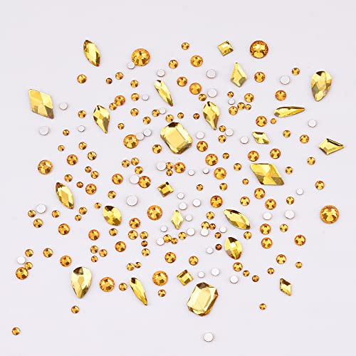 Tisslan 820pcs Golden Yellow Sparkle Nail Gems Flatback Crystals Charms 3D Nail Art Decoration Shape Rhinestone with Loose Round Flatback Diamonds Set for Personal Nails Manicure