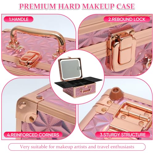 Makeup Box with Detachable Lighted Mirror?Travel Train Case, Cosmetic Storage Organizer & Makeup Suitcase with Adjustable Dividers & Magnetic LED Mirror (Pink)