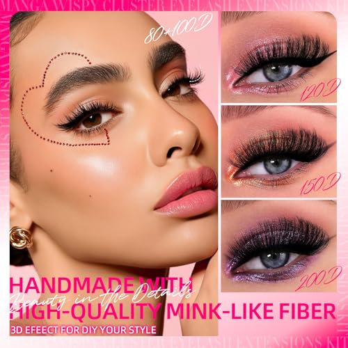 Lash Clusters Kit, 392pcs 150D Natural Fluffy D Curl Lashes Clusters 10-18mm Individual DIY Manga Wispy Cluster Eyelash Extensions Kit Fairy Flora Eyelashes with Bond Seal Tweezers Brush Remover