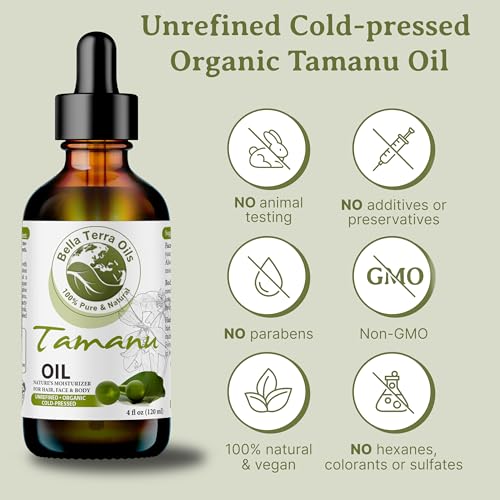 Bella Terra Oils - Organic Tamanu Oil 4oz - Cold-Pressed & Pure, Packed with Antioxidants & Beneficial Nutrients, Achieve Silky Smooth Skin Naturally