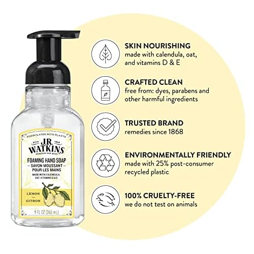 J.R. Watkins Foaming Hand Soap with Pump Dispenser, Moisturizing Foam Hand Wash, All Natural & Foaming Hand Soap Pump with Dispenser, Moisturizing All Natural Hand Soap Foam
