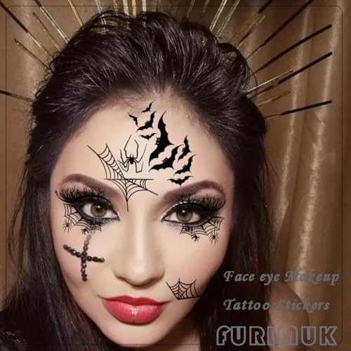 Halloween Face Temporary Tattoos - 12 Sheets Spider Web Skull Bat Eye Makeup