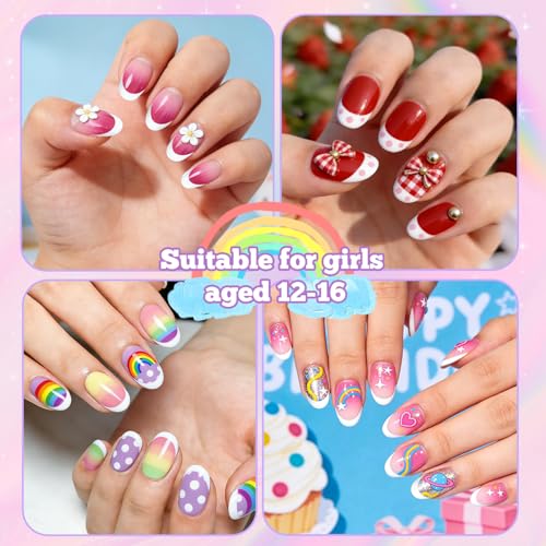 Kids Press On Nails French Tip - 130 Pcs Almond Short